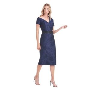 Kay Unger Adrianna Blue Floral Jacquard Asymmetrical V-Neck Sheath Dress Size 0